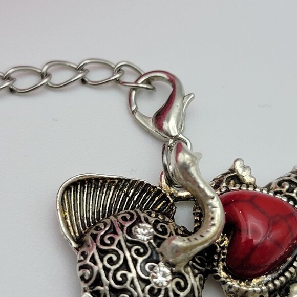 Silver Tone Red Stone Heart Elephant Chain Link Bracelet And Earrings Set 6.5" - Picture 6 of 8